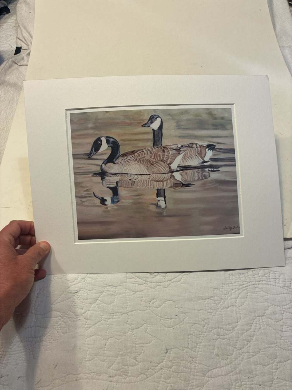 Signed Canada Geese Swimming Watercolor Style Print Matted